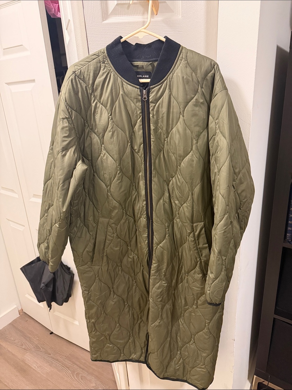 Everlane Olive Quilted Long Puffer Coat with Black Trim